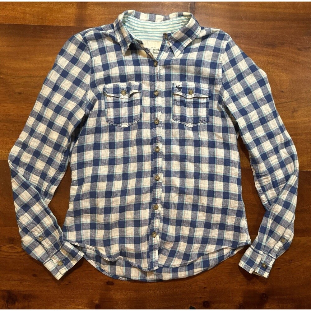 Abercrombie Fitch Womens Small S Blue White Plaid Linen Blend Button Up Shirt LS
